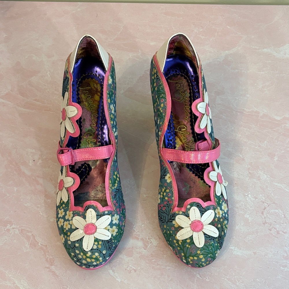 Irregular Choice Green Floral Mary Janes with Pink Straps - Picture 2 of 9